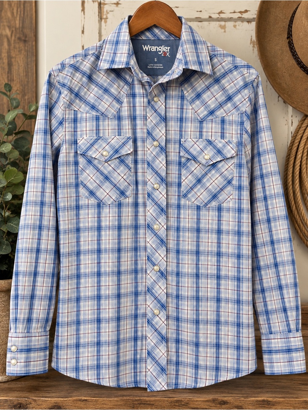 Wrangler Light Blue and White Plaid Western Button-Down Shirt - pearl snap